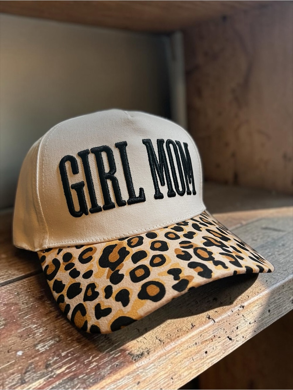 Girl Mom Embroidered Cap with Leopard Print Visor - Cream & Tan